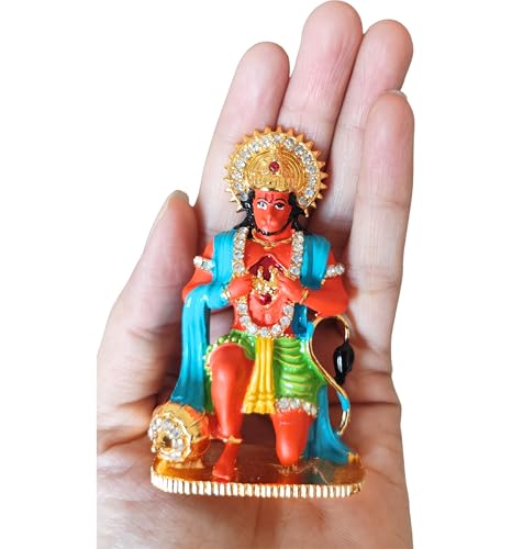 Image of Unique Hanumanji Murti | 8cm Height Metal Bajrangbali Statue with Heart Open Pose | Hanuman Idol for Home Mandir, Car Dashboard, Office & Gifting (Orange)(Pack of 01)