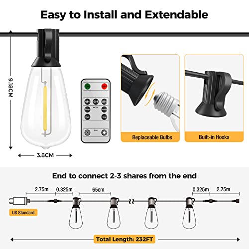 Woolmug Outdoor String Lights Total 232Ft Patio Lights With Remote 100+4 Extra Shatterproof St38 Led Vintage Edison Bulbs, Outside Lights Waterproof For Porch Deck Garden Backyard Balcony【Dimmable】 #TOP6