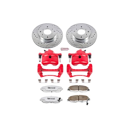 Image of PowerStop Front Brake & Caliper Kit for Honda Accord 1998-02 - Drilled & Slotted Disc Rotors + Carbon-Fiber Ceramic Brake Pads + Red-Powder Coated Calipers, KC1239A-26