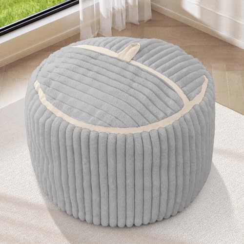 Image of 2FT Bean Bag Chair 2'Bean Bag Chairs with Memory Foam Filled Small Bean Bag | Bean bags with Machine Washable Cover Corded Plush Fabric, Comfy Chairs for Living Room Bedroom Dorm, Lightgrey with Beige