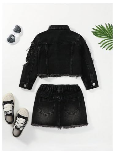 Image of WDIRARA Girl's 2 Piece Outfit Ripped Button Front Long Sleeve Denim Jackets and Mini Skirts Set