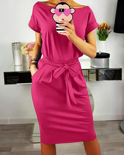 Image of PRETTYGARDEN Women's Summer Short Sleeve Crewneck Striped Dress Basic Solid Tie Waist Office T Shirt Dresses Pockets