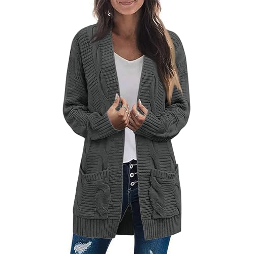 Chunky Cardigan Sweaters for Women Oversized Coastal Grandma Sweater Cable Knit Open Front Long Cardigans with Pocket