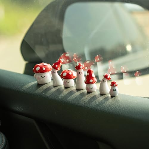 Rislobx 7PCS Red Mushroom Car Dashboard Decorations, Cute Mushroom Decor for Women Rear View Mirror Ornament Cute Car Decor Interior Dashboard Accessories for Home Office