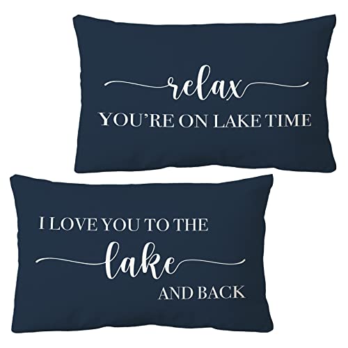 Sidhua Lake House Themed Pillowcases Decorations For Home, Navy Blue Relax You're On Lake Time Quotes Throw Pillow Covers 12”X20” Set Of 2, Lake House Gifts, Housewarming Gifts #TOP17