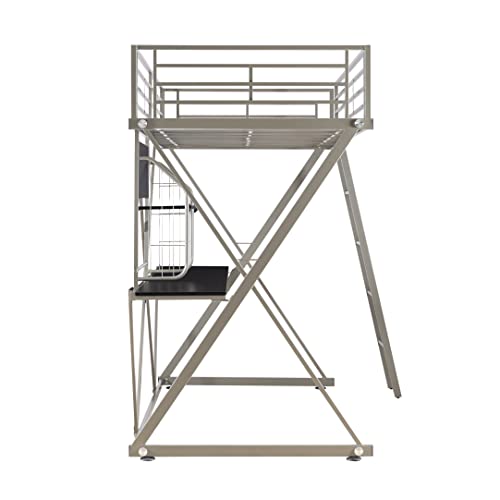 Z-Bedroom Metal Pewter Powder Coated Twin Size Loft Study Bunk Bed With Computer Desk By Powell #TOP6