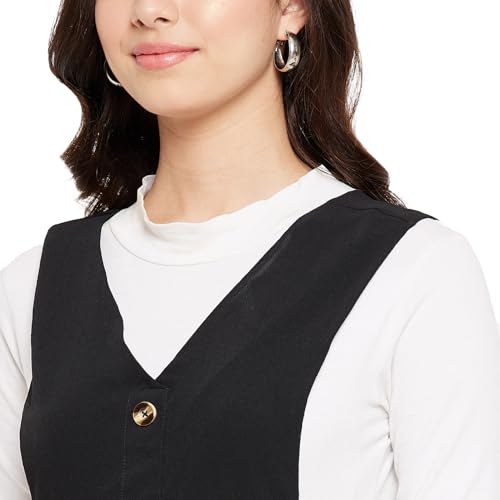 Image of WineRed Women Black Soild Pinafore Dress with Button