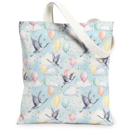 Bolsa de lona para mujer, diseño de grúas, con diseño de bolas de aire, celebración, color azul, lavable, reutilizable, estética, para compras, brunch, parque, biblioteca, excursiones, 13 x 15