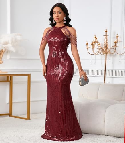 Image of Cololura Women Sexy Elegant Sequin Tassel Off Shoulder Halter Bodycon Maxi Dress Party Evening Gown Formal Dress
