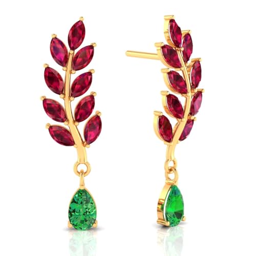 Image of P.C. Chandra Jewellers 14k Gold Earrings With Red Stone Leaf Design With A Stone Drop For Women & Girls - 1.1 Gram
