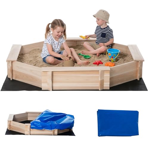Outsunny Kids Wooden Sand Pit Children Sandbox with Cover Outdoor Playset for Backyard for 3-8 years 139.5 x 139.5 x 21.5 cm