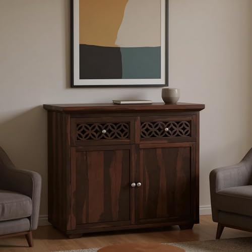 Image of Amazon Brand - Solimo Solid Sheesham Wood Malta Sideboard Cabinet with 2 Drawer and 2 Door Storage for Bedroom, Living Room, Home and Office (Walnut Finish)