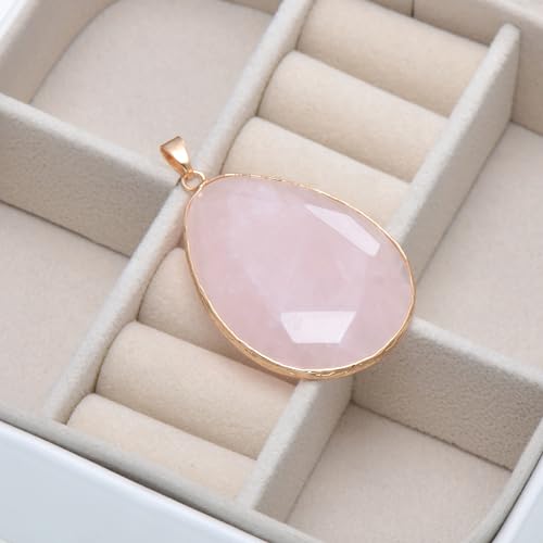 Paialco Faceted Cut Natural Rose Quartz Crystal Big Flat Drop Pendant Necklace, Yellow Gold Gilt3