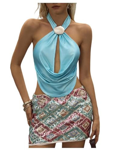 Floerns Women's 2 Piece Outfit Satin Draped Halter Top and
