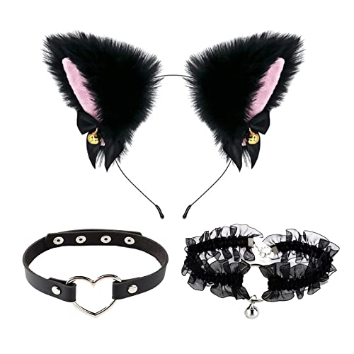TSHAOUN Animal Costume Cat Cosplay Costume Set Cat Ears Headband with Bells Necklacefor Anime Fancy Dress Party Halloween Christmas Dress Up Carnival Role Play. (Black)