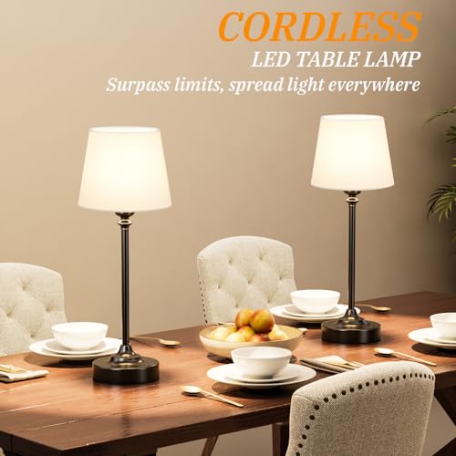 Image of Cordless Table Lamps Rechargeable Set - 2 Pack Black 4000mAH Battery Operated Lamps for Decor, 3000K Stepless Dimming Touch Control Wireless Lamps for Bedroom, Dining Table, Living Room, White Shade
