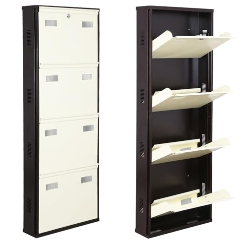 Image of Metal Shoe Rack Wall Mounted for Home with Central Locking 4 Door 20 inch Wall Mounted Metal 8 Pair Shoe Rack Cabinet Pre-Assembled Rack Shelves | 3 Year Warranty (Brown & Ivory)