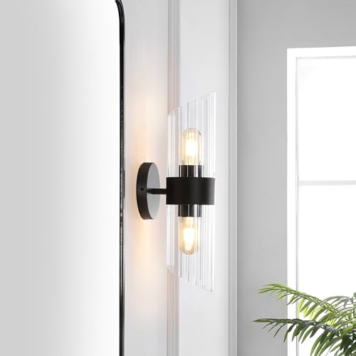 Image of SAFAVIEH Lighting Collection Eytan Clear Glass /Black Vertical Wall Sconce Set of 2 Light Fixture, Ideal for Bathroom, Entryway, Vanity, Foyer, Hallway, Living Room (LED Bulbs Included)