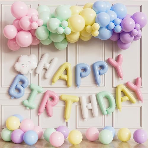 Adeyoo Pastel Birthday Decorations - Pastel Balloons with Happy Birthday Balloon Banner, Colourful Balloons, Cloud Balloon for Women Girl Boys Birth Baby Shower Party Decorations (84Pcs)