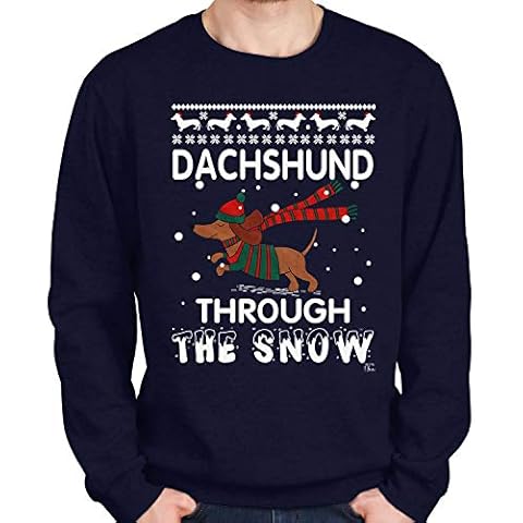 1Tee Mens Daschund Through The Snow Sweatshirt Jumper Navy Blue X-Large Cover