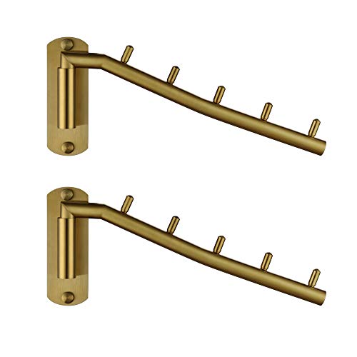 JQK SHR100 BG P2   Perchero Plegable de Acero Inoxidable, Soporte de Gancho para Colgar Ropa, Sistema de Secado de Ropa, Organizador de Almacenamiento de Armario, Dorado Cepillado, Montaje en Pared