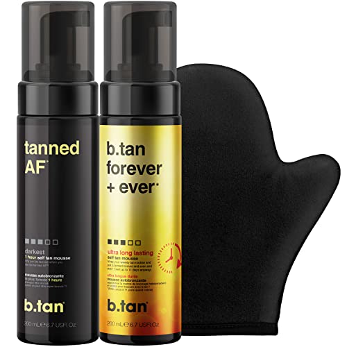 b.tan Besties Self Tanner Bundle | Tanned AF Self Tan Mousse for the Fastest, Darkest Tan with B.tan Forever + Ever for an Ultra Long Lasting Tan Plus Self Tanning Mitt | Try Our Bestsellers & Save