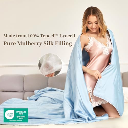 Image of THXSILK All-Season Mulberry Silk Comforter & Blanket, 100% Pure Natural Silk Filling, Lightweight Soft Bed Cover for Bedroom, Sofa, Camping, Cozy Machine Washable Luxury Bedding(King 106 inchx90 inch, Blue)