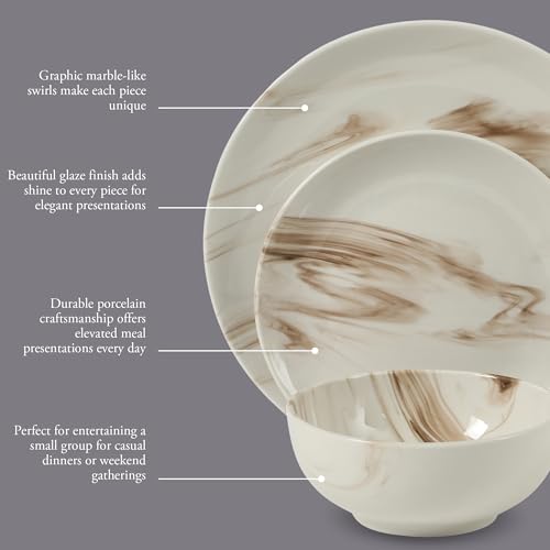 Image of Gibson Home Cloudlight 12 Piece Plates and Bowls Dishes Brown and White - Decorated Porcelain Ceramic Dinnerware Set - Service for 4