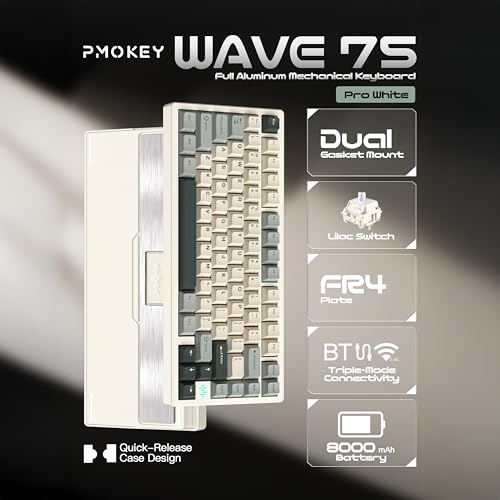 Image of KEEBMONKEY PMO Wave 75 CNC Aluminum Quick Release Tri-Mode Wireless Gaming Keyboard,QMK /VIA Tri-Mode Mechanical Keyboard with 8000mAh Battery,Hot-Swappable with RGB for Windows /Mac /PC (Pro White)