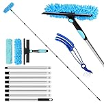 10.5Ft(3.2m）Window Cleaning Equipment, Window Squeegee Cleaner Kit with Extension Pole, Venetian Blind Brush and 3Pcs Microfiber Scrubber Washing Kit for Home, Shower Glass, Car, RV Blue