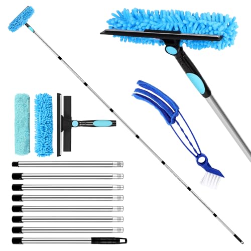 10.5Ft(3.2mWindow Cleaning Equipment Window Squeegee Cleaner Kit with Extension Pole Venetian Blind Brush and 3Pcs Microfiber Scrubber Washing Kit for Home Shower Glass Car RV Blue