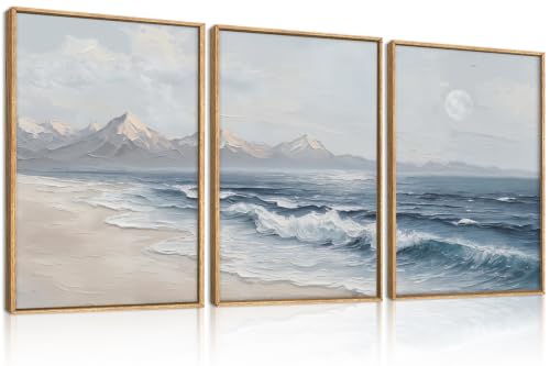 HLNIUC Blue Ocean Wave Framed Canvas Wall Art,Large Modern Sea Beach Wall Decor,Abstract Coastal Mountain Artwork Set of 3(16x24),Texture Nature Seascape Moon Prints for Living Room,Bedroom,Office