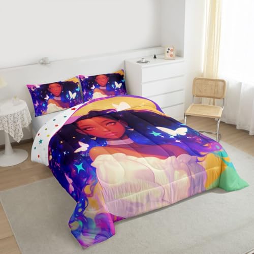 Image of Erosebridal Black Princess Bedding Sets American Afro-Girl Comforter Set Moon Galaxy Girl Butterfly Decorations Bedding Queen