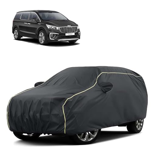 Image of Sulfar 100% Water Resistant Car Body Cover Compatible with Mirror for Kia Carnival (Triple Stitched, Full Bottom Elastic, Dark Grey Tafetta with Yellow Piping)