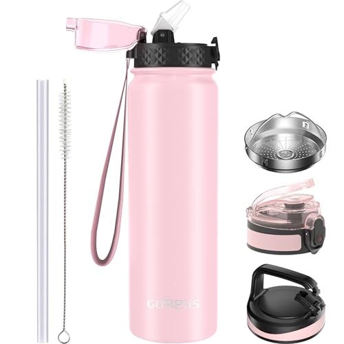 GOPPUS Botella de agua de acero inoxidable de 32 onzas con pajilla, botellas aisladas de doble pared con correa, reutilizable, termo al vacío, a prueba de fugas, mantiene las bebidas frías, botellas