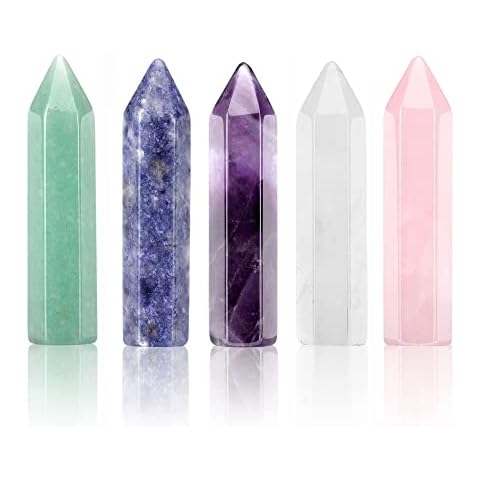 JSDDE Healing Crystal Wand Set Single Point Quartz Crystals Wand Stone for Crystal Healing Reiki Energy Home Decoration 5pcs Cover