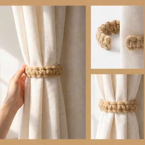 CHUQING Vorhang Raffhalter 4er Set Boho Gardinen Raffhalter für Vorhänge aus Seil Gardinenzubehör für Vintage Vorhänge Natur