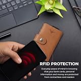 Stealth Wallet RFID Portfel na Karty - Smart Minimalistyczne Pop Up Portfele - Smukłe Lekkie Metalowe Uchwyty na Karty Kredytowe (Srebrny Aluminium, Skóra Tan, Klips na Pieniądze)