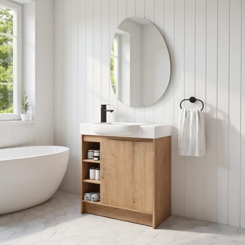 Image of 30 inch Freestanding Bathroom Vanity with Integrated Ceramic Sink, Floor Mount Bathroom Cabinet with 3 Open Shelves & Soft Close Door, Modern Small Bath Vanity Set, Easy to Clean, Natural Oak