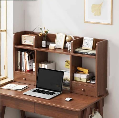 2 Tier Desktop Bookcase for Computer Desk, Wood Desktop Shelf Organizer Multipurpose Desktop Storage Bookshelf with Drawers Desktop Shelves Rack Storage for (Size:120x16x52cm(47x6x20inch),Color:Walnu