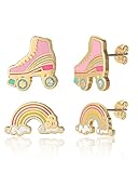 Barbie Skates and Rainbow Stud Earrings 2-Pack Official License, 18k Gold Flash-Plated Barbie Earrings with Crystal Accent