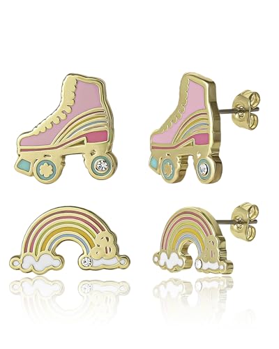 Barbie Skates and Rainbow Stud Earrings 2-Pack Official License, 18k Gold Flash-Plated Barbie Earrings with Crystal Accent