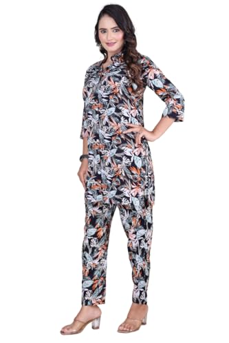 Image of OPIVE's Ethnic Floral Printed Viscous Rayon Shirt Collar Black Women's Co-ord Set (PC-2003-BLK)