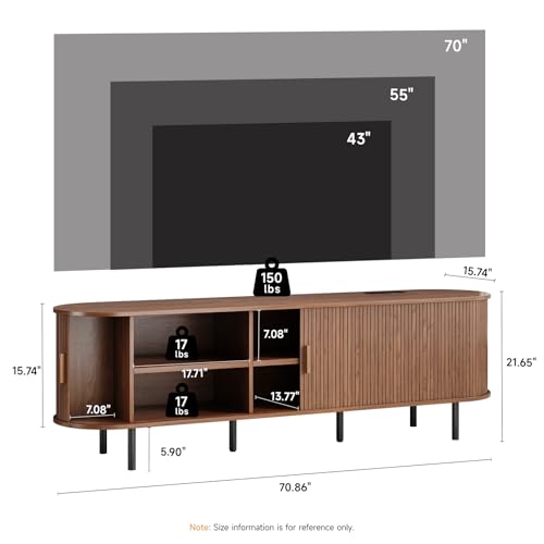 Image of 70.8 inch TV Stand with Power Outlet, Mid-Century Modern Television Stand, Fluted Media Console with Sliding Doors, Entertainment Center for TVs up to 60 Inch, Adjustable Shelves, Walnut