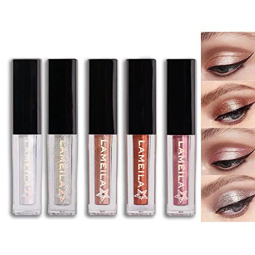 Bingbrush 5 Pcs Liquid Glitter Eyeshadow Set, Metallic Glitter Shimmer Naked Eye Looks Waterproof Long Lasting Quick-Drying Sparkling Eye Shadow Makeup Kits #TOP9