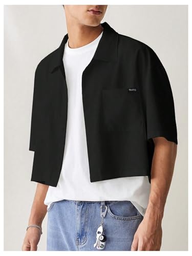 SHENHE Men's Summer Short Sleeve Button Down Crop Shirt Loose Fit Casual Shirt with Pockets4