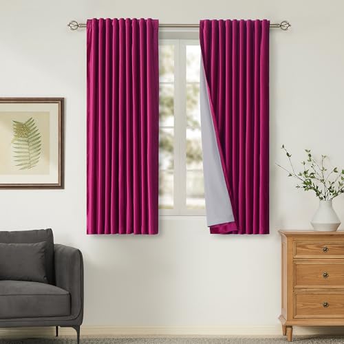 Image of 100% Full Blackout Hot Pink Velvet Curtains 63 inch Long for Living Room,Set of 2 Liner Rod Pocket Back Tab Thermal Window Curtains Room Darkening Heavy Decorative Curtains Drapes for Bedroom