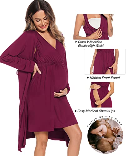 Image of SWOMOG Women Maternity Nursing Gown and Robe Set 3 in 1 Labor Delivery Nursing Nightgown for Breastfeeding Hospital Bathrobe