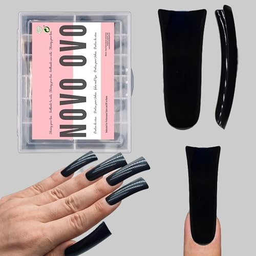 NOVO OVO Pack of 120 Extra Long Duck Nail Tips, Fully Covered, Long Duck Feet Nail Tips, Full Cover, Black XL XXL Soft Gel Flare, Y2K, Wide French Nails for Acrylic x 12 Sizes
