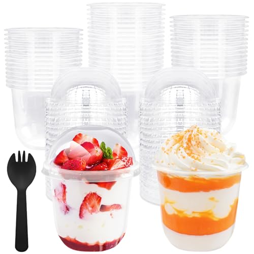 50 Pack 12oz Plastic Parfait Cups with Dome Lids,Yogurt Parfait Cups with Sporks,Clear Plastic Cup with Dome Lids(No Hole) for Yogurt,Dessert,Ice Cream,Cupcake,Snacks,Pudding,Fruits
